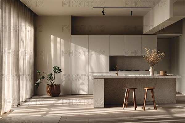 Modern minimalist kitchen with clean lines, wooden stools, and a touch of greenery, bathed in sunlight, AI generated