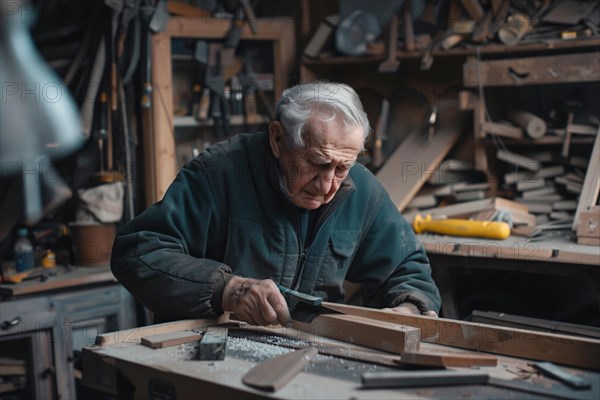 An elderly man intently focuses on his woodworking craftsmanship in a well-lit workshop, AI generated