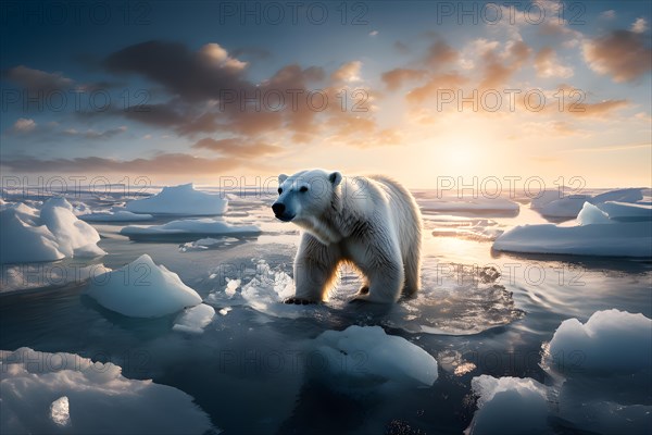 Polar bear navigating a shrinking ice floe glistening searching for solid terrain, AI generated