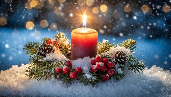Ai generated, Advent wreath with burning candles, Christmas time, Christmas decoration, First Advent, 1st Advent