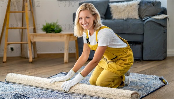 AI generated, Your woman is laying a new carpet in the living room