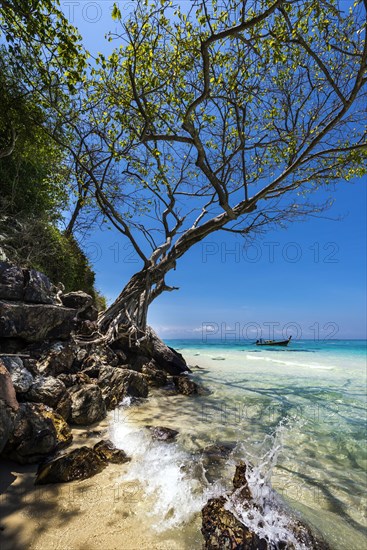 Bamboo Island, boat, wooden boat, longtail boat, bay, sea bay, sea, ocean, Andaman Sea, tropics, tropical, island, rock, rock, water, beach, beach holiday, Caribbean, environment, clear, clean, peaceful, picturesque, stone, sea level, climate, fishing boat, travel, tourism, natural landscape, paradisiacal, beach holiday, sun, sunny, holiday, dream trip, holiday paradise, flora, paradise, coastal landscape, nature, idyllic, turquoise, Siam, exotic, travel photo, beach landscape, sandy beach, Thailand, Asia