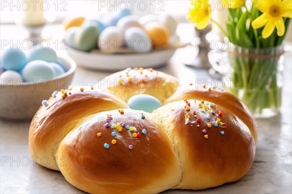 Traditional Italian Easter bread with sprinkles and painted easter egg. KI generiert, generiert AI generated