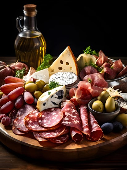 Bavarian snack plate overflowing with assorted cured meats draping, AI generated