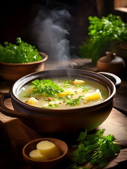 Potato soup steaming in a rustic earthenware bowl garnished with vibrant fresh herbs, AI generated