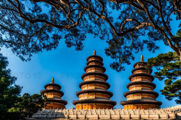 Shaolin pagoda forest basked in the radiance of a clear blue sky, AI generated