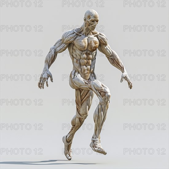 Anatomical model of a jumping human, illuminated by natural light, shows muscle details, AI generated, AI generated, AI generated