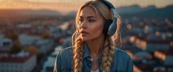 Peaceful scandinavian blonde woman with braids and headphones on a rooftop at dawn with soft lighting, bokeh blurred background, horizontal aspect ratio, AI generated