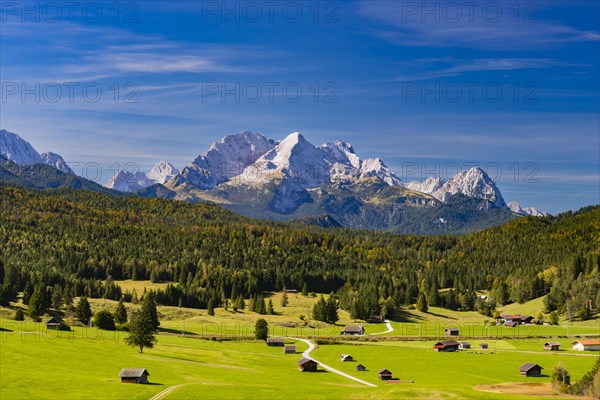 Humpback meadows between Mittenwald and Kruen, Werdenfelser Land, behind it the Zugspitze, 2962m, Wetterstein Mountains, Upper Bavaria, Bavaria