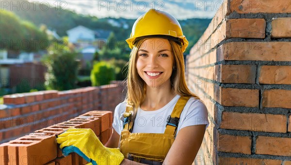 AI generated, A female bricklayer inspects a brick wall, 30, 35, years