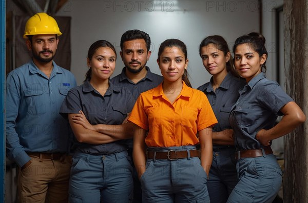 Confident diverse industrial team posing together in work attire, women at heavy industrial and construction jobs, feminine power and rights concept, AI generated
