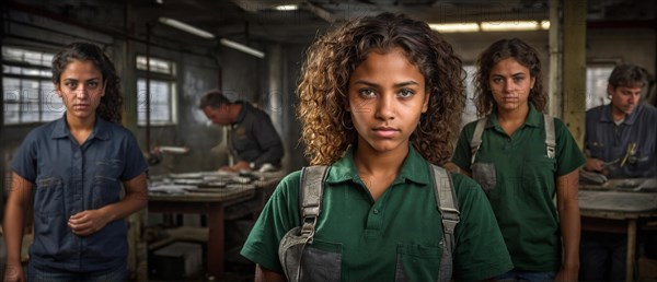 Mixed-race Workers in uniform standing with serious expressions in an industrial environment, women at heavy industrial contruction jobs, feminine power and rights concept, AI generated