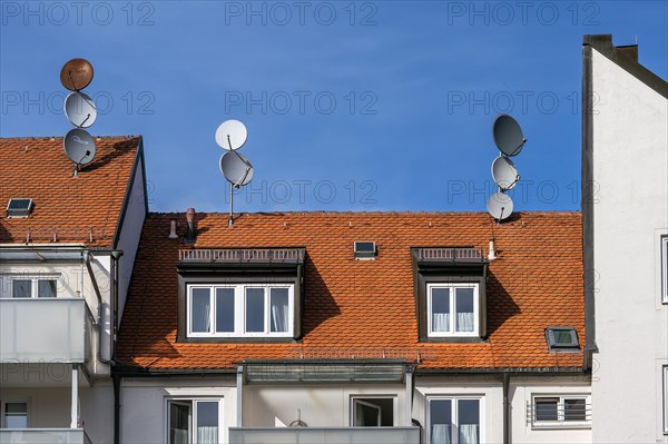 Red tiled roofs, dormers and satellite dishes, Kempten, Allgaeu, Bavaria, Germany, Europe