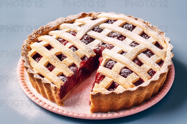 Traditional European Linzertorte tart in pink plate. KI generiert, generiert AI generated