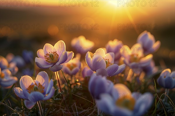 Pasque flowers (Pulsatilla vulgaris) in backlight, AI generated, AI generated, AI generated