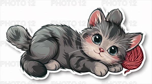 A grey cartoon kitten with a red yarn ball in a cute, playful pose, ai generated, AI generated