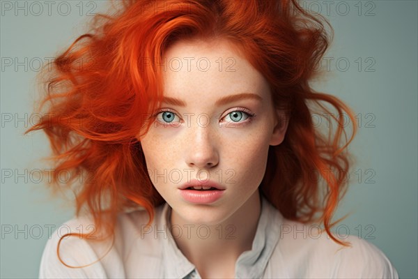Face of young beautiful woman with bright red hair, blue eyes and freckles on skin. KI generiert, generiert AI generated