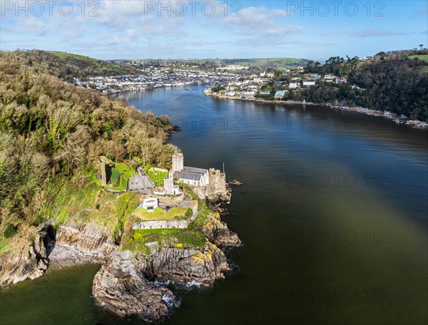 Dartmouth Castle over River Dart from a drone, Dartmouth, Kingswear, Devon, England, United Kingdom, Europe