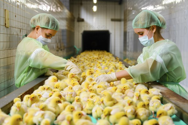 Male chicks on a conveyor belt. In poultry production, chick killing or chick shredding refers to the routine killing of day-old chicks that are no more than one day old. AI generated, AI generated, AI generated