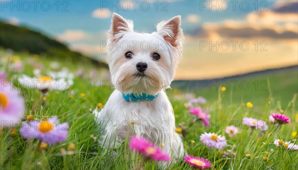 KI generated, A white Yorkshire Terrier sits in a flower meadow, (Canis lupus familiaris)