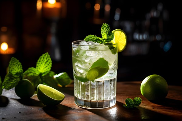 Mojito glass condensation beads shimmering fresh mint leaves garnishing placed on rustic bar, AI generated