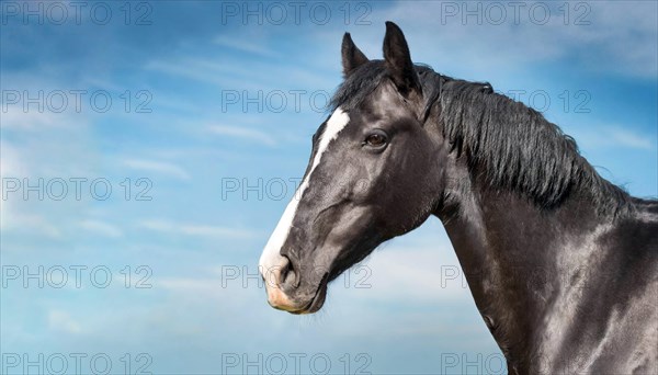 KI generated, A black mare in front of a blue sky, Horses, Portrait