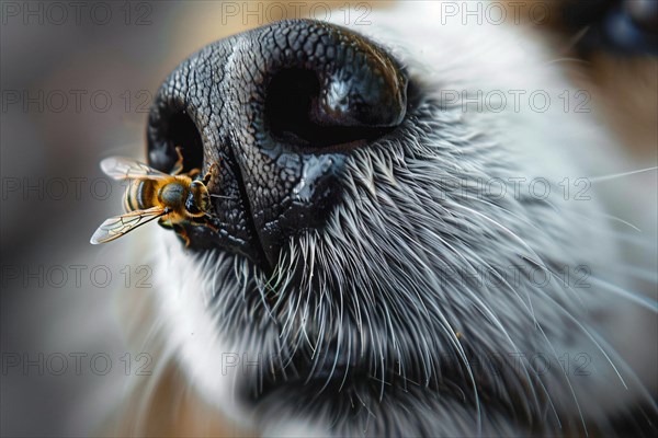 Close up of bee on dog nose. KI generiert, generiert AI generated
