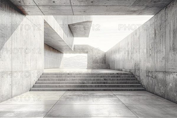 Contemporary concrete hallway with geometric lines creating a play of light and shadows, AI generated