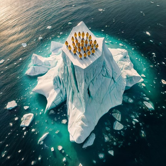 Aerial view of group people wearing yellow winter garment standing on a large block of ice in the middle of the ocean. AI generated