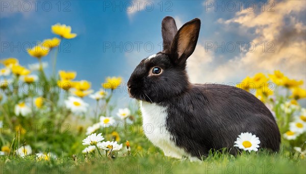 KI generated, A black and white dwarf rabbit in a meadow with white and yellow flowers, spring, side view, (Brachylagus idahoensis)