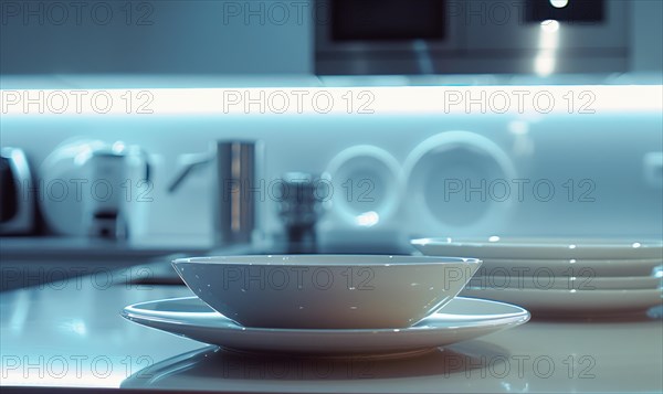 Blue-toned image of bowls and plates in a modern kitchen with reflections AI generated