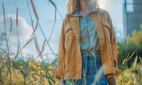 A woman stands in a field, sunlight glowing, dressed in casual autumn attire AI generated