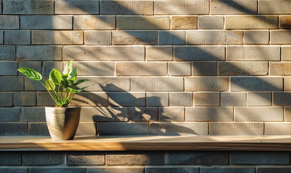 Sunlight filters through blinds, casting shadow patterns over a plant on a shelf against a brick wall AI generated