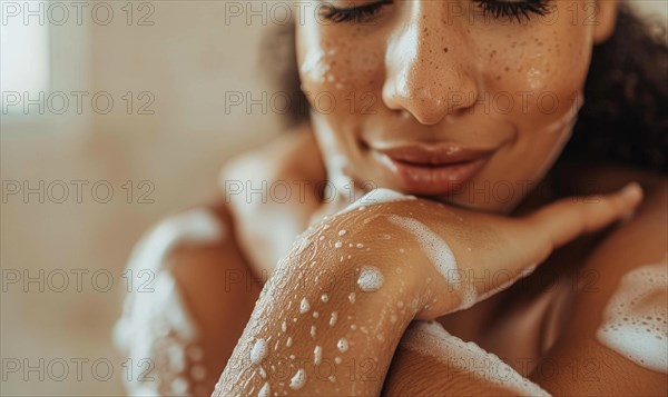 Close-up of a joyful woman with freckles and water droplets on her skin showcasing freshness. Skin care. Beauty procedures. AI generated