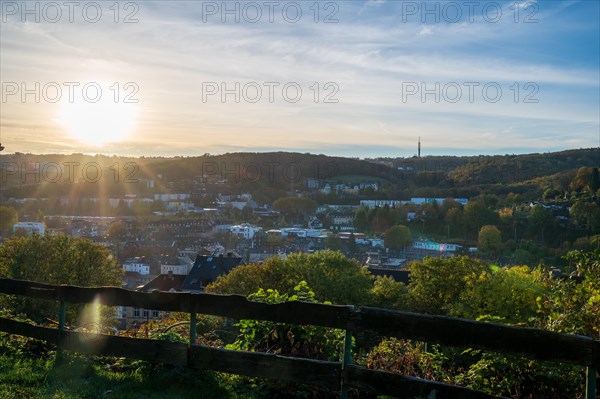 Sunrise over an idyllic city scene surrounded by trees and hills, Arrenberg, Elberfeld, Wuppertal, North Rhine-Westphalia