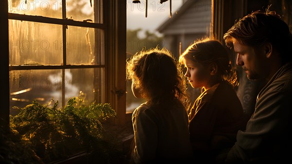 Family in partially submerged house from floodwater, AI generated