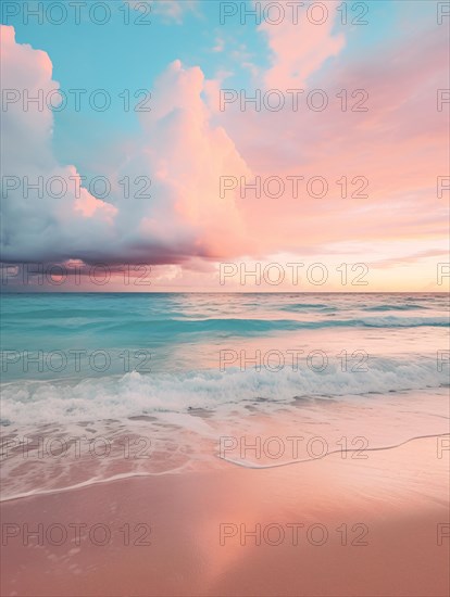 Pastel pink and blue beack scene with ocean and romantic clouds. KI generiert, generiert AI generated