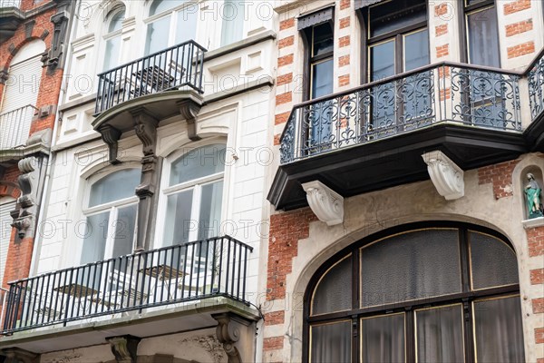 Detail of an ornate building with balconies and stucco elements, Blankenberge, Flanders, Belgium, Europe