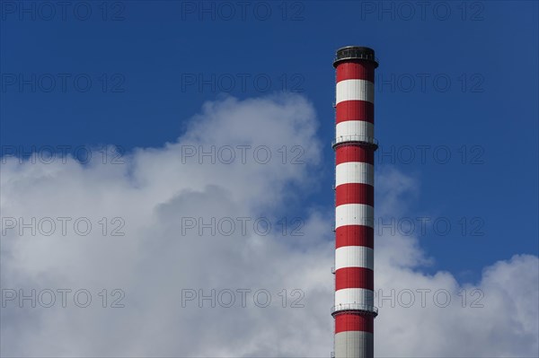 Chimney of a power plant in Sines, red, white, blue sky, power plant, energy, environment, climate, Co2, atmosphere, air pollution, exhaust fumes, industry, fossil, fossil energy, refinery, air, pure, clear, clean, no smoke, emission