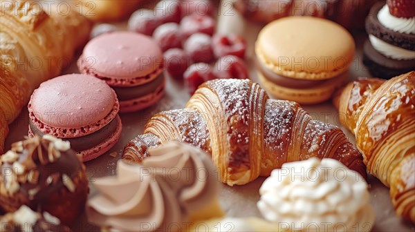 Assortment of sweet pastries with macarons, croissants dusted with powdered sugar, and garnishes, ai generated, AI generated