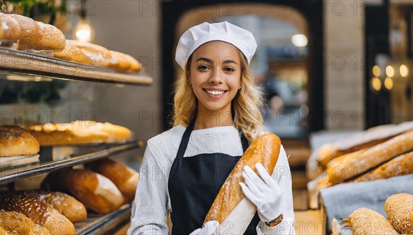 Ai generated, woman, 20, 25, years, shows, bakery, bakery shop, baquette, white bread, France, Paris, Europe