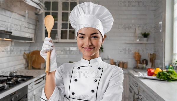 AI generated, An attractive blonde chef in the kitchen of a hotel