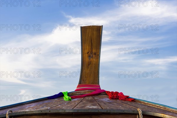 Longtail boat for transporting tourists, water taxi, taxi boat, ferry, ferry boat, fishing boat, wooden boat, boat, decorated, tradition, traditional, bay, sea, ocean, Andaman Sea, tropical, water, travel, tourism, paradisiacal, beach holiday, sun, sunny, holiday, idyllic, turquoise, Siam, exotic, travel photo, Krabi, Thailand, Asia
