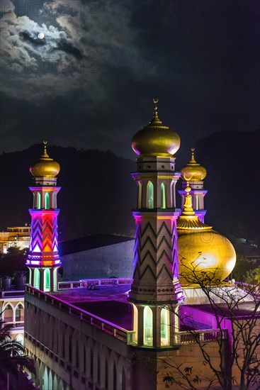 Mosque in Krabi, Muslim, Islam, church, religion, night shot, evening, illuminated, architecture, Orient, oriental, faith, sacral building, building, temple, culture, Muslim, world religion, history, cultural history, colourful, colourful, architecture, religious, holy, pray, prayer house, pilgrimage site, Thailand, Asia