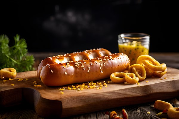 sausages paired with sweet mustard fresh pretzels resting on a rustic woood, AI generated