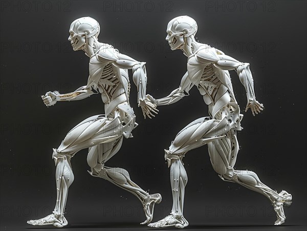Two monochrome anatomical models in walking motion on a white background, AI generated, AI generated