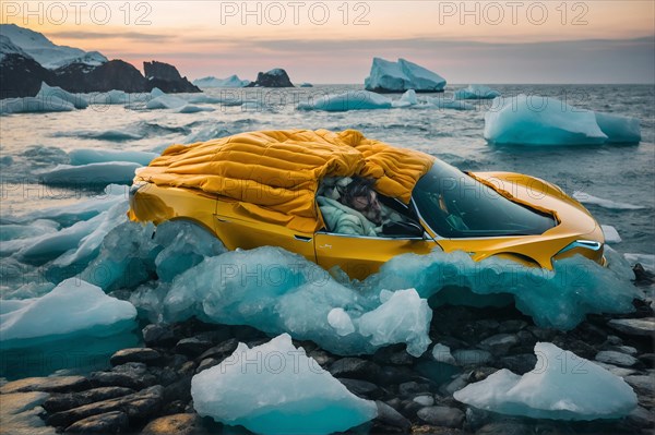 Yellow sports car floating, covered with a quilt on ice creates a surreal scene, alone isolated in the artic sea. Environmental and climate change issues concept, AI generated