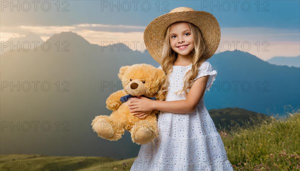 Ai generated, A blonde girl, 8 years old, enjoys the summer in a meadow with lots of flowers and is happy about her teddy bear, mascot