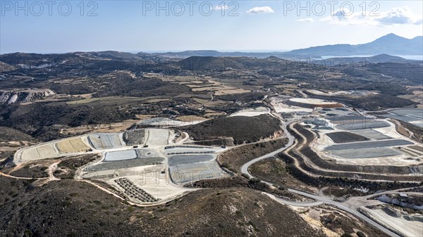 Mineral mining in the mountains near Apollonia, aerial view, Milos, Cyclades, Greece, Europe