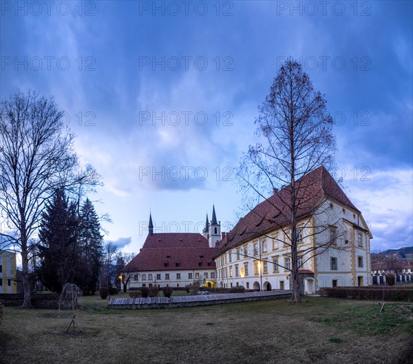 Goess Abbey at the blue hour, former monastery of the Benedictine nuns, panoramic view, Leoben, Styria, Austria, Europe